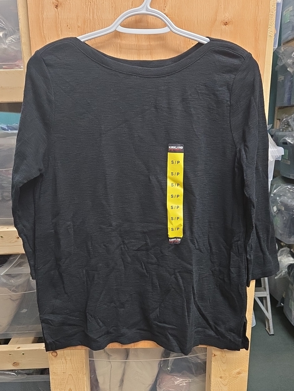 Kirkland Signature Size S Black 3/4 Sleeve Boatneck Slub Tee